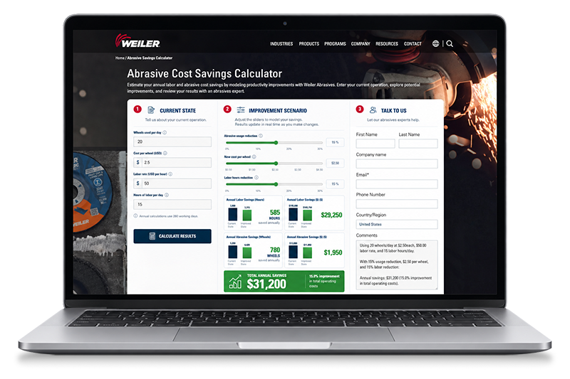 Laptop showing abrasives savings calculator.