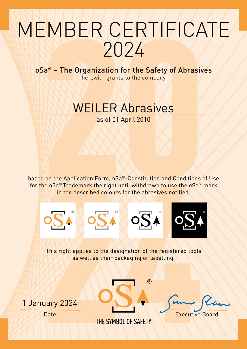 The oSa certificate for 2024 granted to Weiler Abrasives